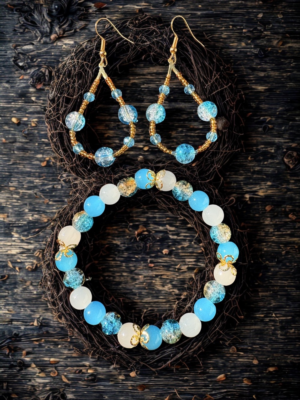 Celestial Water Earrings and bracelet set (blue,white,gold)